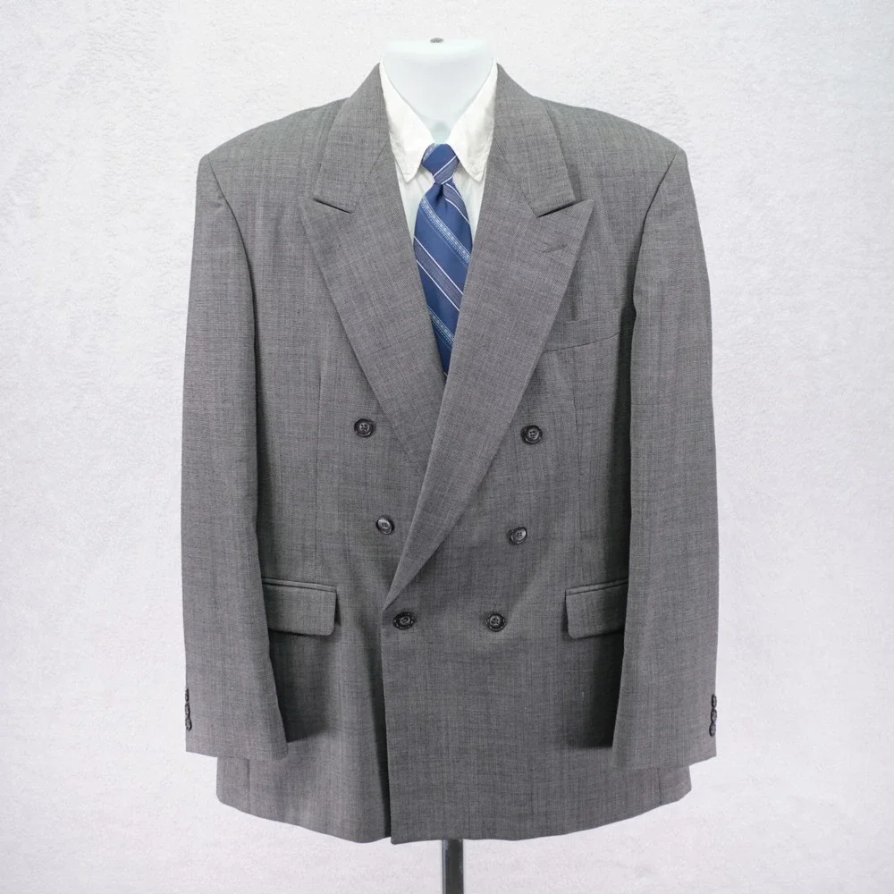 Haggar Wool 2 Piece Suit Gray Birdseye -42L  35 / 30.5- Double Breasted Peak Lap
